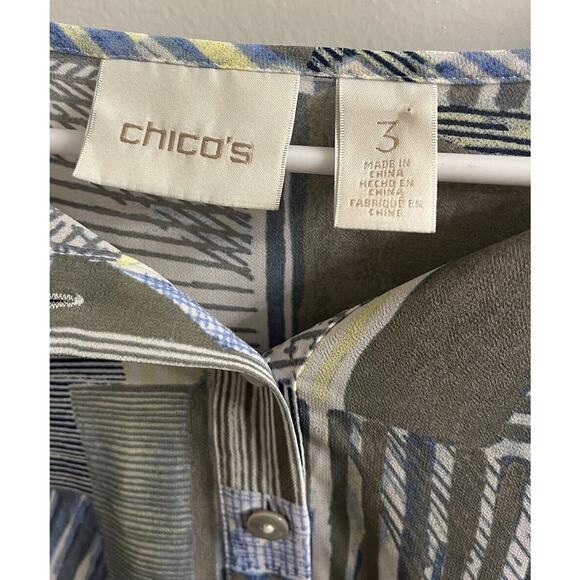 CHICO'S Blouse Womens Size 3 Striped Roll Tab Sleeve Angle Hem Sheer Blue Green - Picture 5 of 7